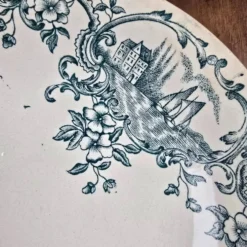 Compotier ancien Faïencerie de Lyon Marine, Terre de fer décor vert bleuté XIXe