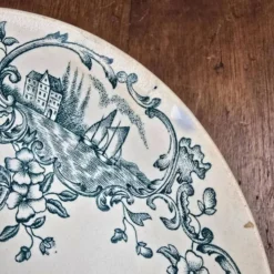 Compotier ancien Faïencerie de Lyon Marine, Terre de fer décor vert bleuté XIXe