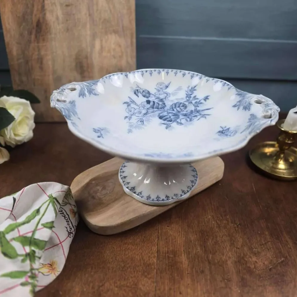 Compotier ancien Flore U&C Sarreguemines – Terre de fer bleu – XIXe