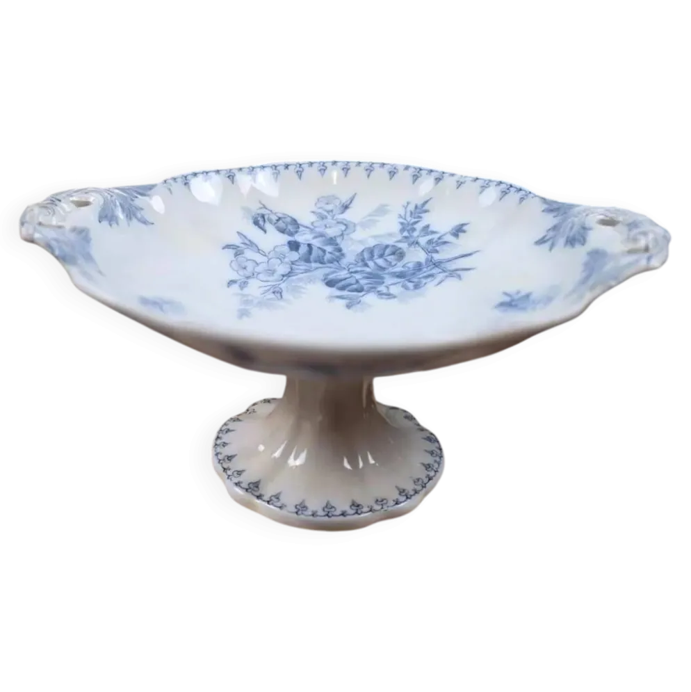 Compotier ancien Flore U&C Sarreguemines – Terre de fer bleu – XIXe