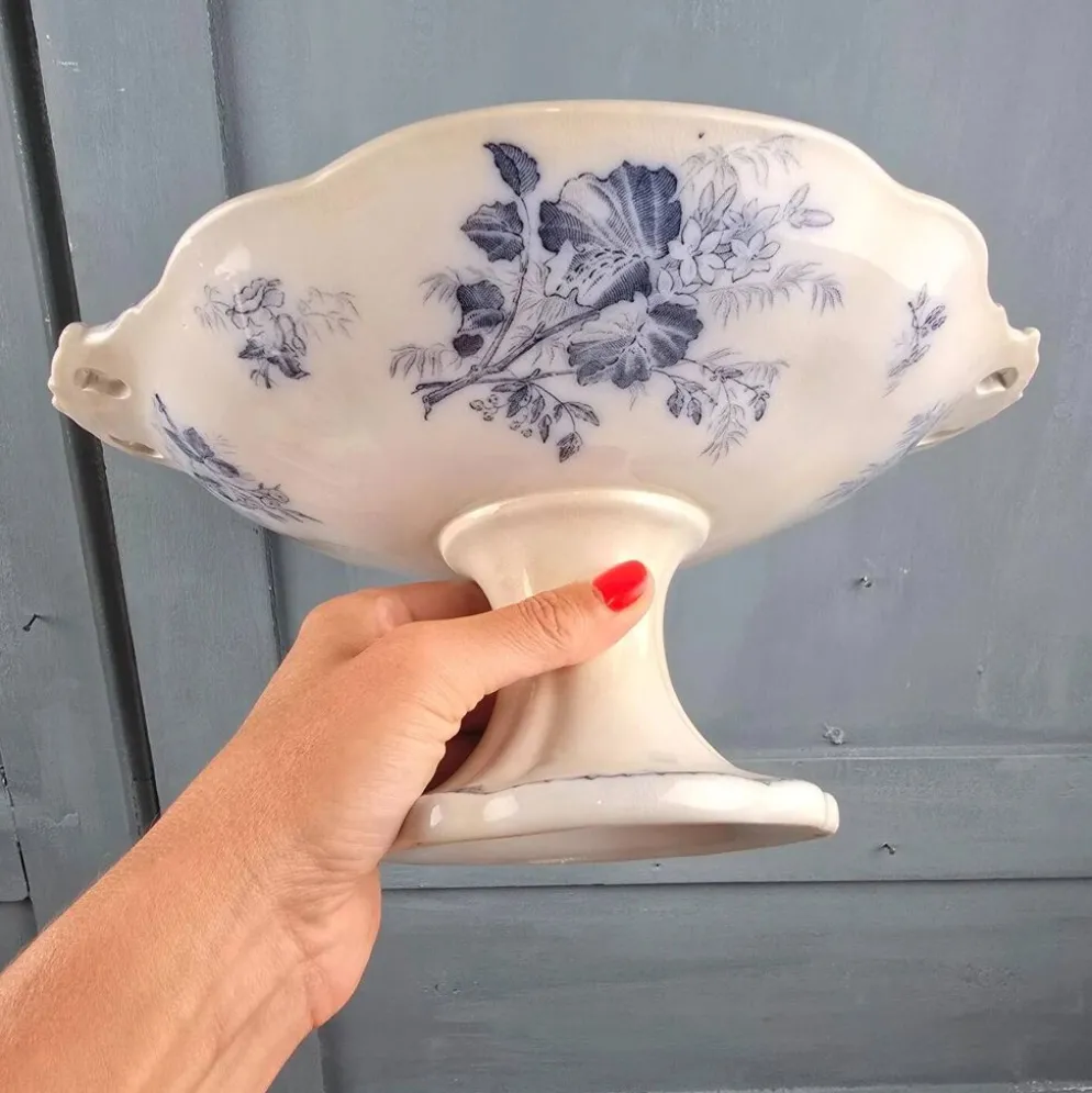 Compotier ancien Flore U&C Sarreguemines – Terre de fer bleu – XIXe