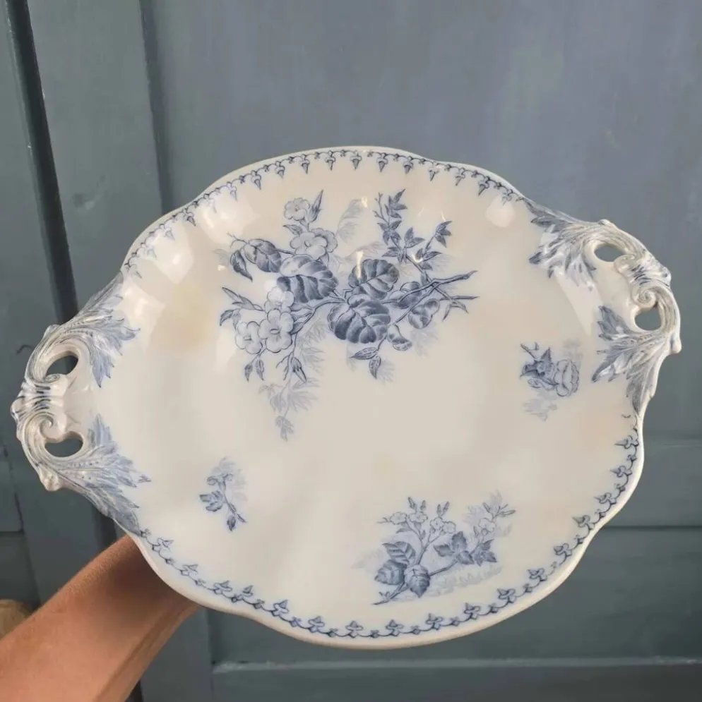Compotier ancien Flore U&C Sarreguemines – Terre de fer bleu – XIXe