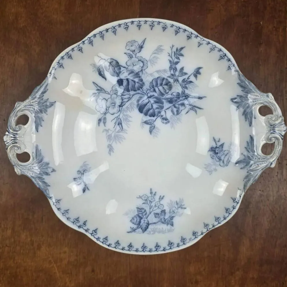 Compotier ancien Flore U&C Sarreguemines – Terre de fer bleu – XIXe