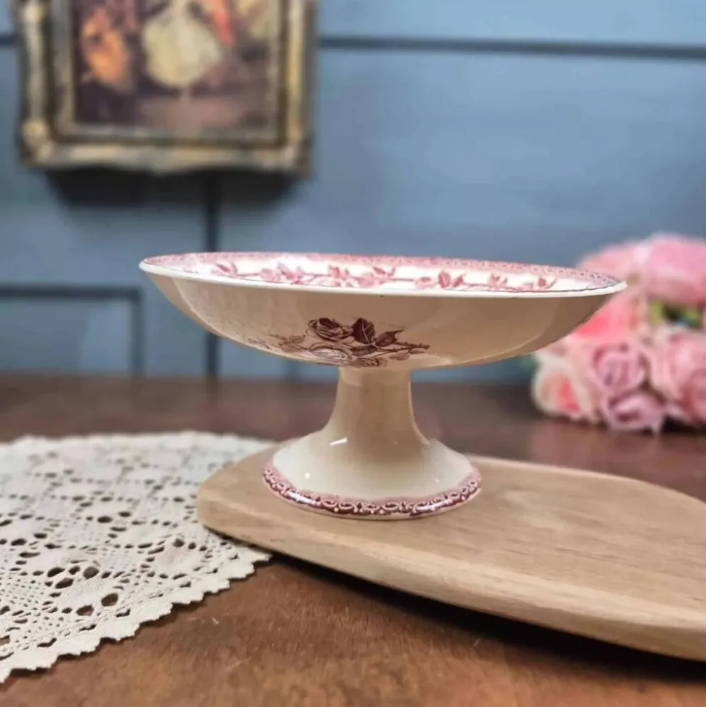 Compotier ancien H.B. & Cie en terre de fer – Roses bordeaux