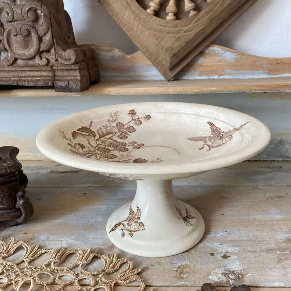 Compotier en terre de fer sépia , coupe à fruits ancienne