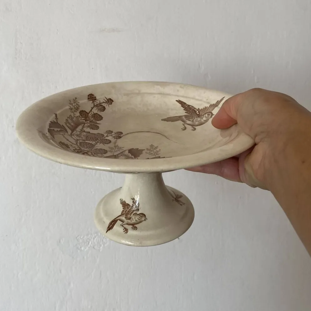 Compotier en terre de fer sépia , coupe à fruits ancienne