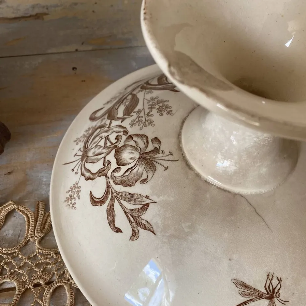 Compotier en terre de fer sépia , coupe à fruits ancienne