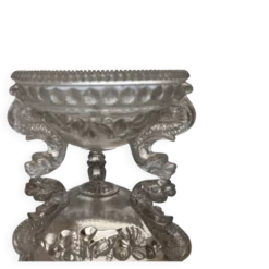 Compotier en verre pressé antique Portieux – Plat en forme de dauphin, poisson et coquillage