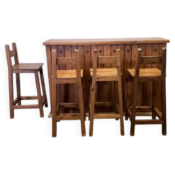 Comptoir de bar en bois massif rustique avec 4 tabourets assortis – porte-bouteilles et rangement