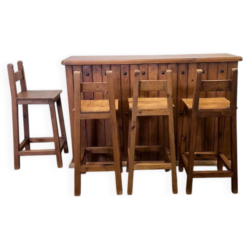 Comptoir de bar en bois massif rustique avec 4 tabourets assortis – porte-bouteilles et rangement