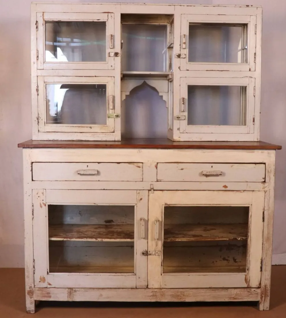 Comptoir de marchand en teck birmane patine blanche d’origine