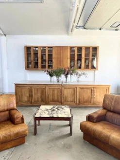 Comptoir de pharmacie double face en châtaignier et marbre — Art Déco, 1900
