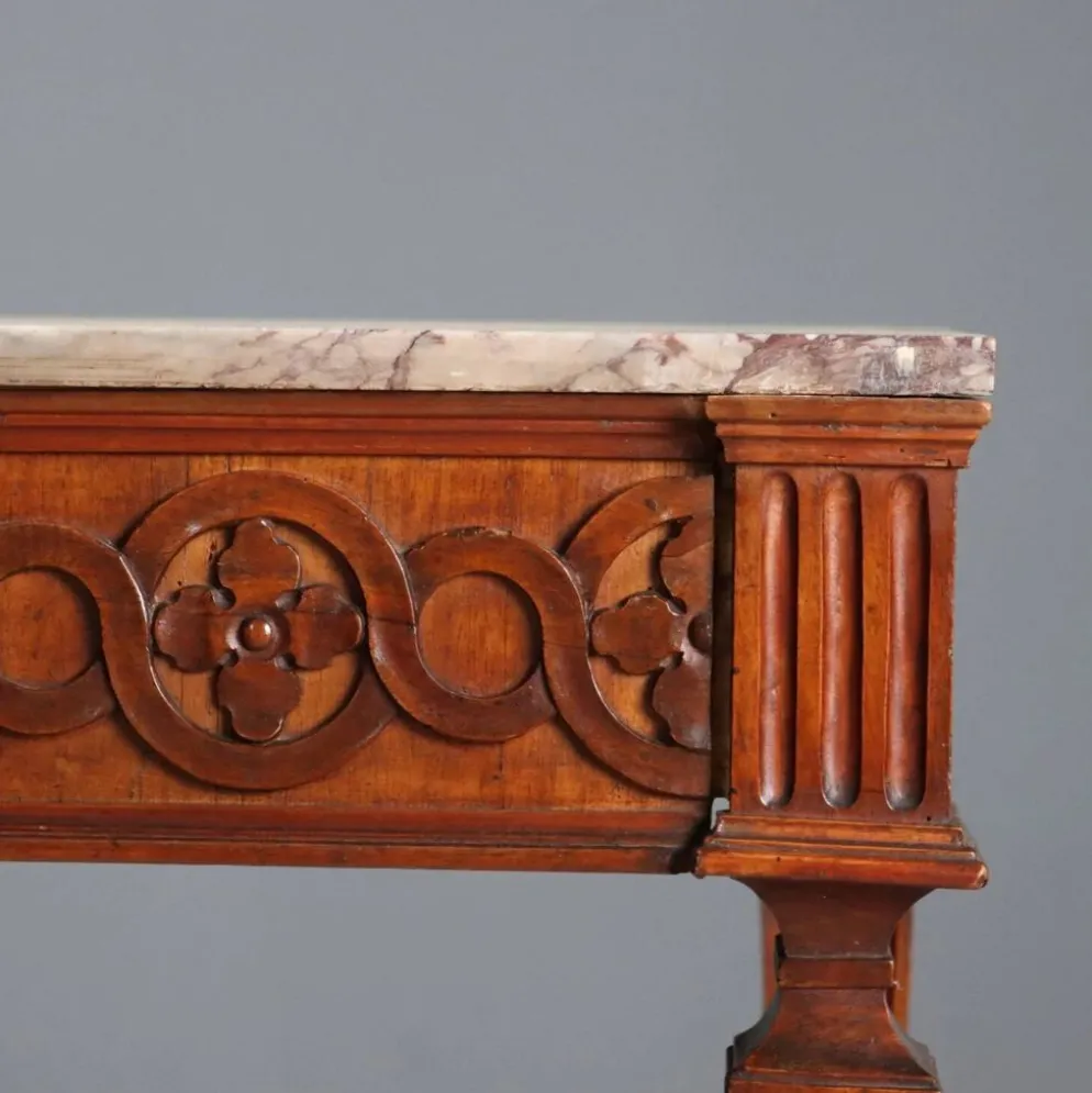 Console ancienne néoclassique en noyer avec plateau en marbre, XVIIIe siècle