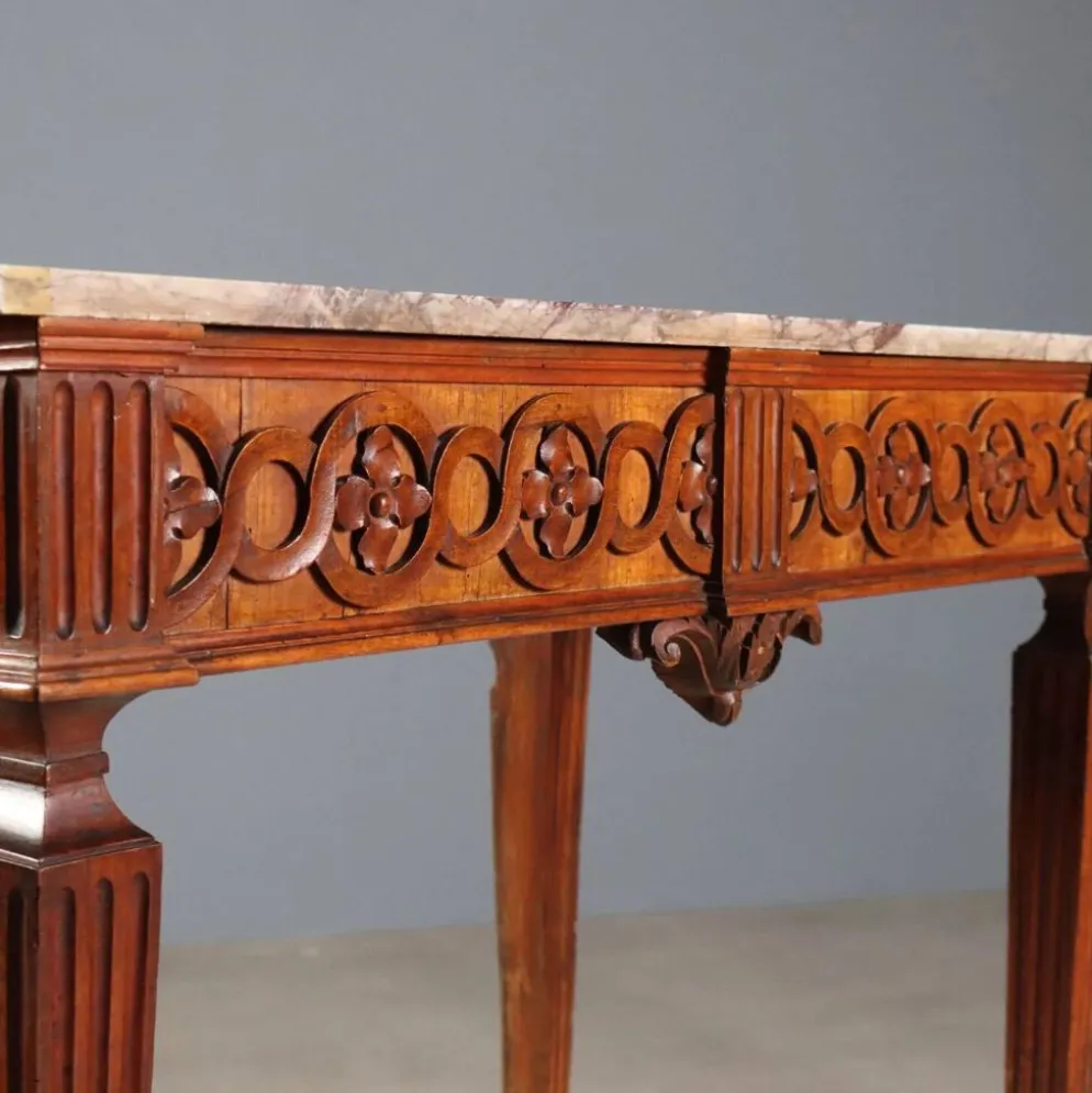 Console ancienne néoclassique en noyer avec plateau en marbre, XVIIIe siècle