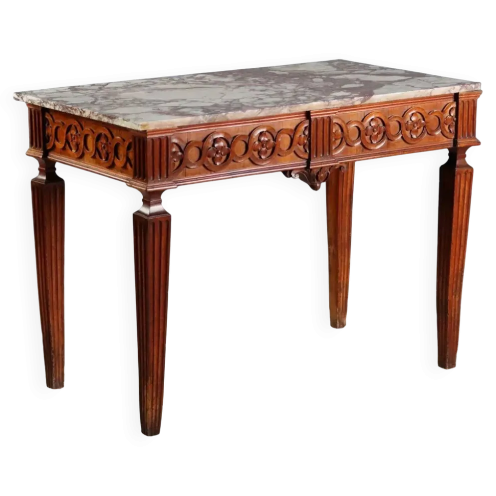 Console ancienne néoclassique en noyer avec plateau en marbre, XVIIIe siècle