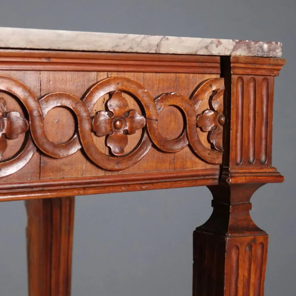 Console ancienne néoclassique en noyer avec plateau en marbre, XVIIIe siècle