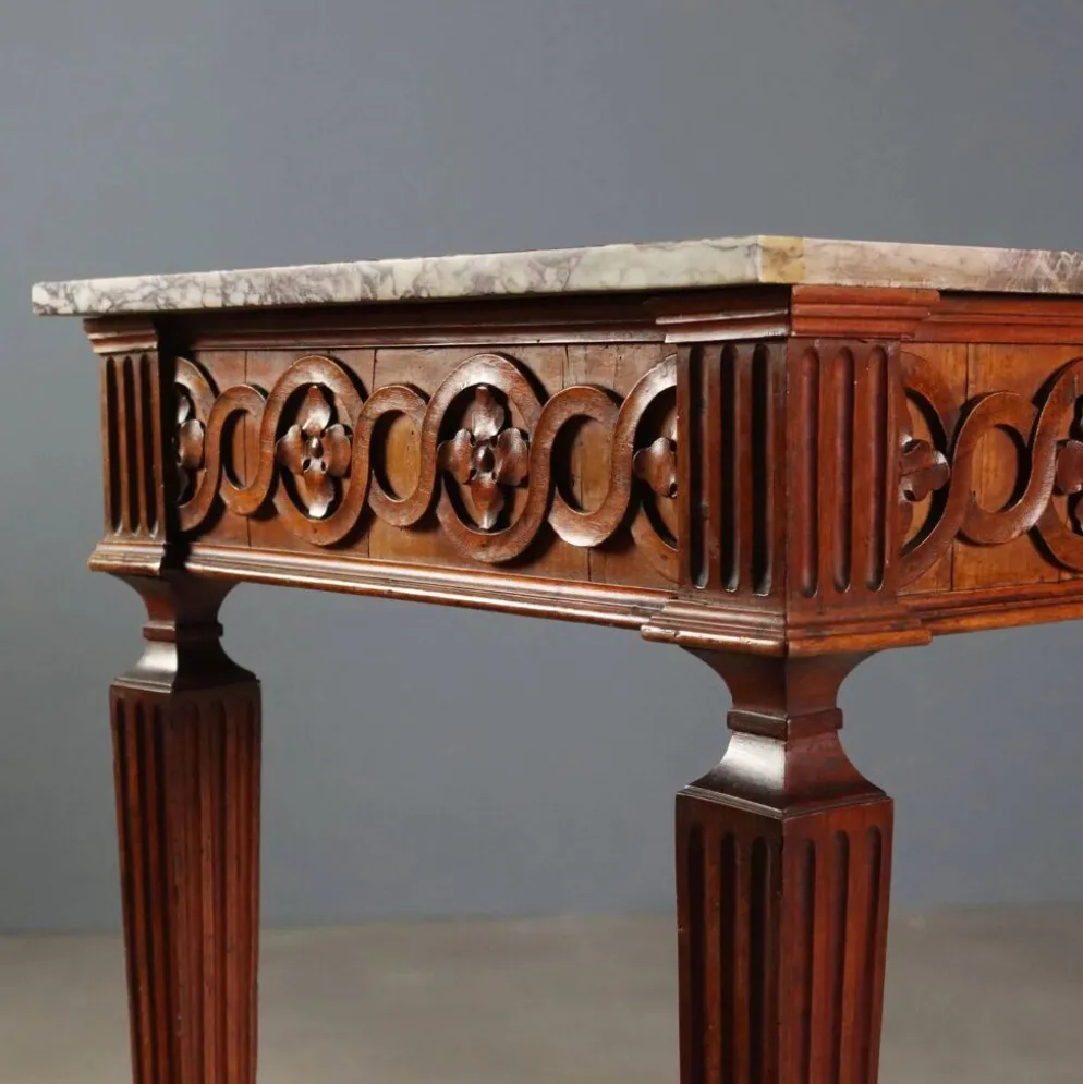 Console ancienne néoclassique en noyer avec plateau en marbre, XVIIIe siècle