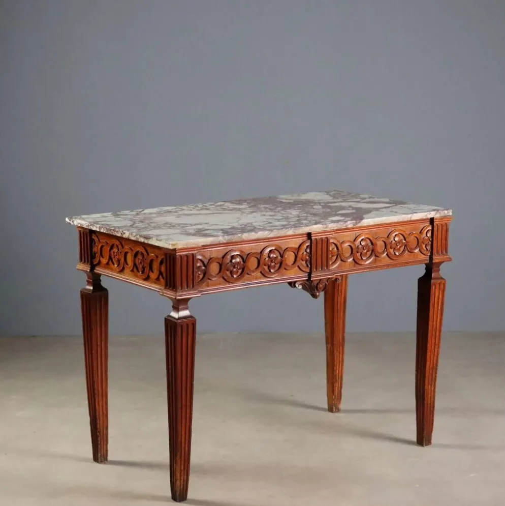 Console ancienne néoclassique en noyer avec plateau en marbre, XVIIIe siècle