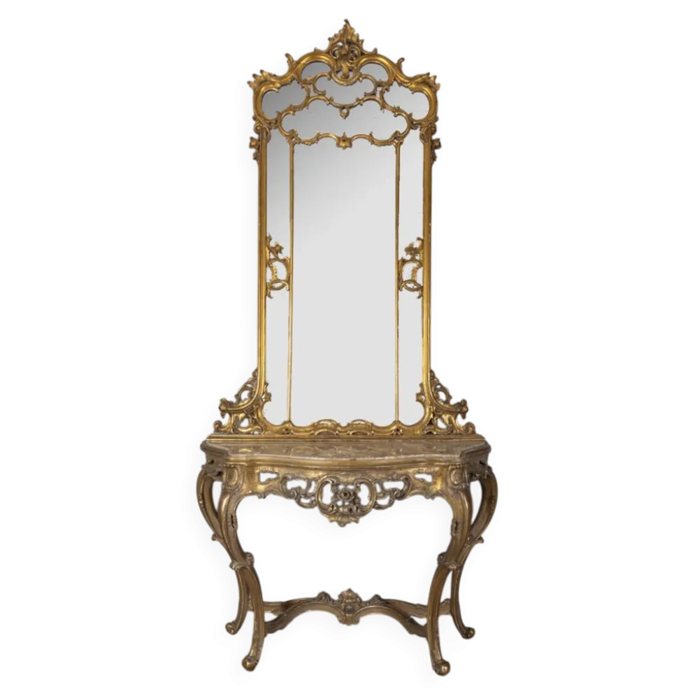 Console antique classique en bois décorée avec un miroir de la fin du 19e siècle.