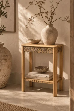 Console art déco bois brut à décor floral rénovée 1930