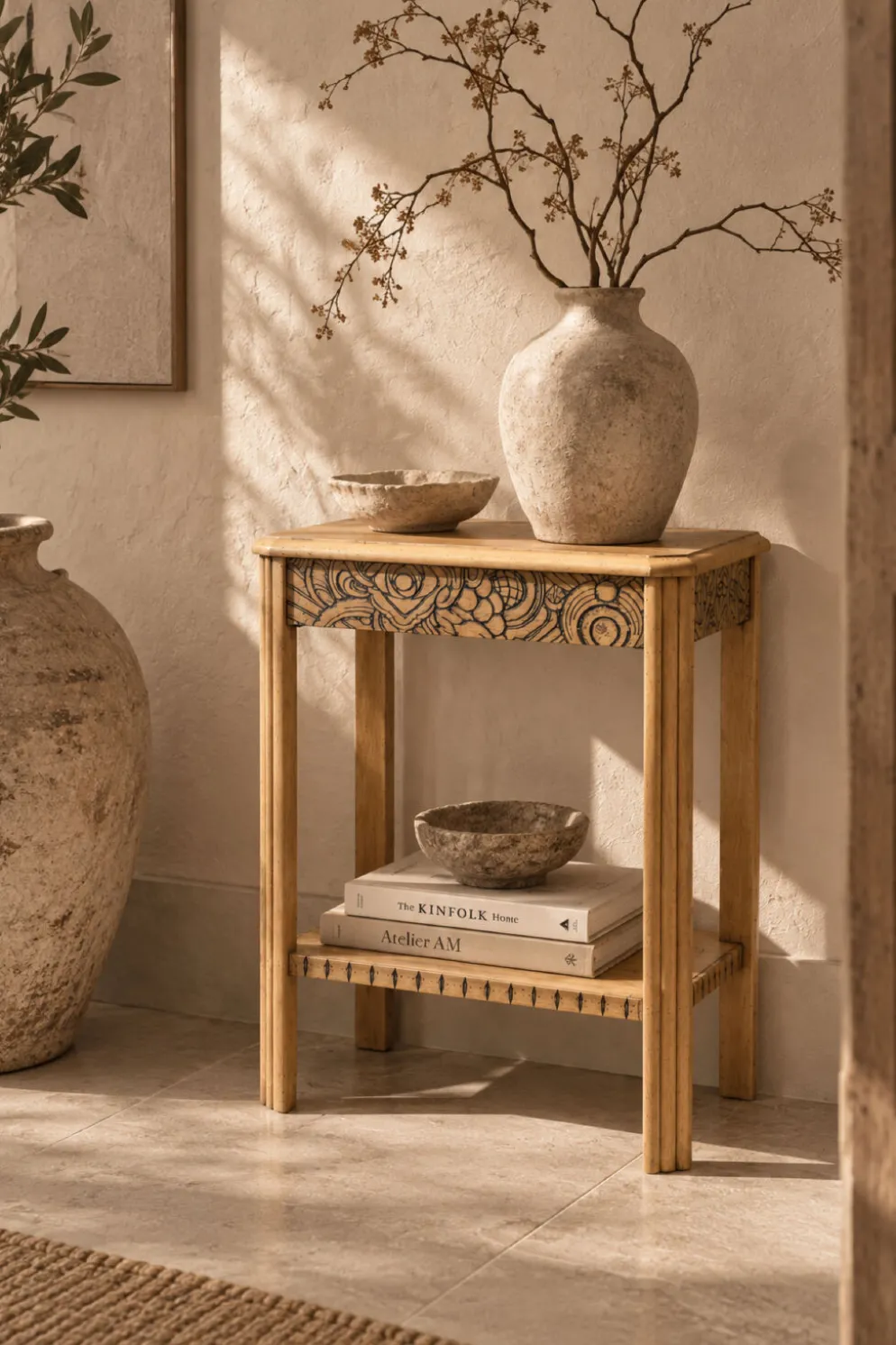 Console art déco bois brut à décor floral rénovée 1930