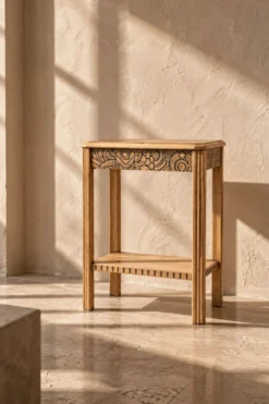 Console art déco bois brut à décor floral rénovée 1930