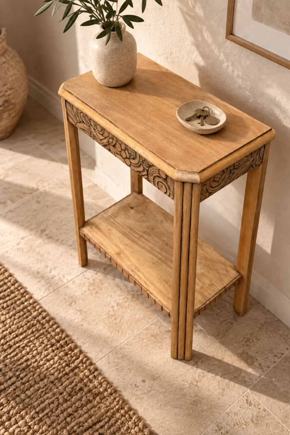 Console art déco bois brut à décor floral rénovée 1930