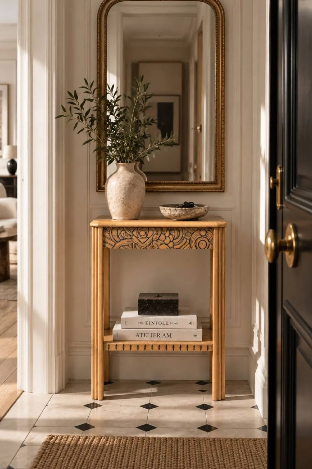 Console art déco bois brut à décor floral rénovée 1930