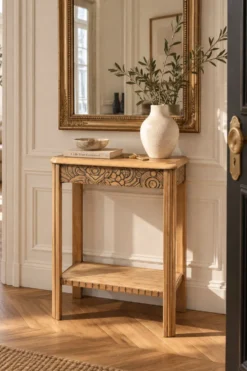 Console art déco bois brut à décor floral rénovée 1930