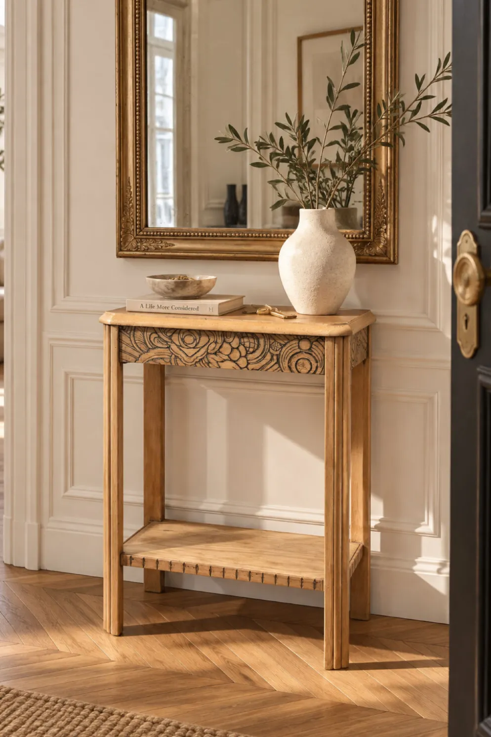 Console art déco bois brut à décor floral rénovée 1930