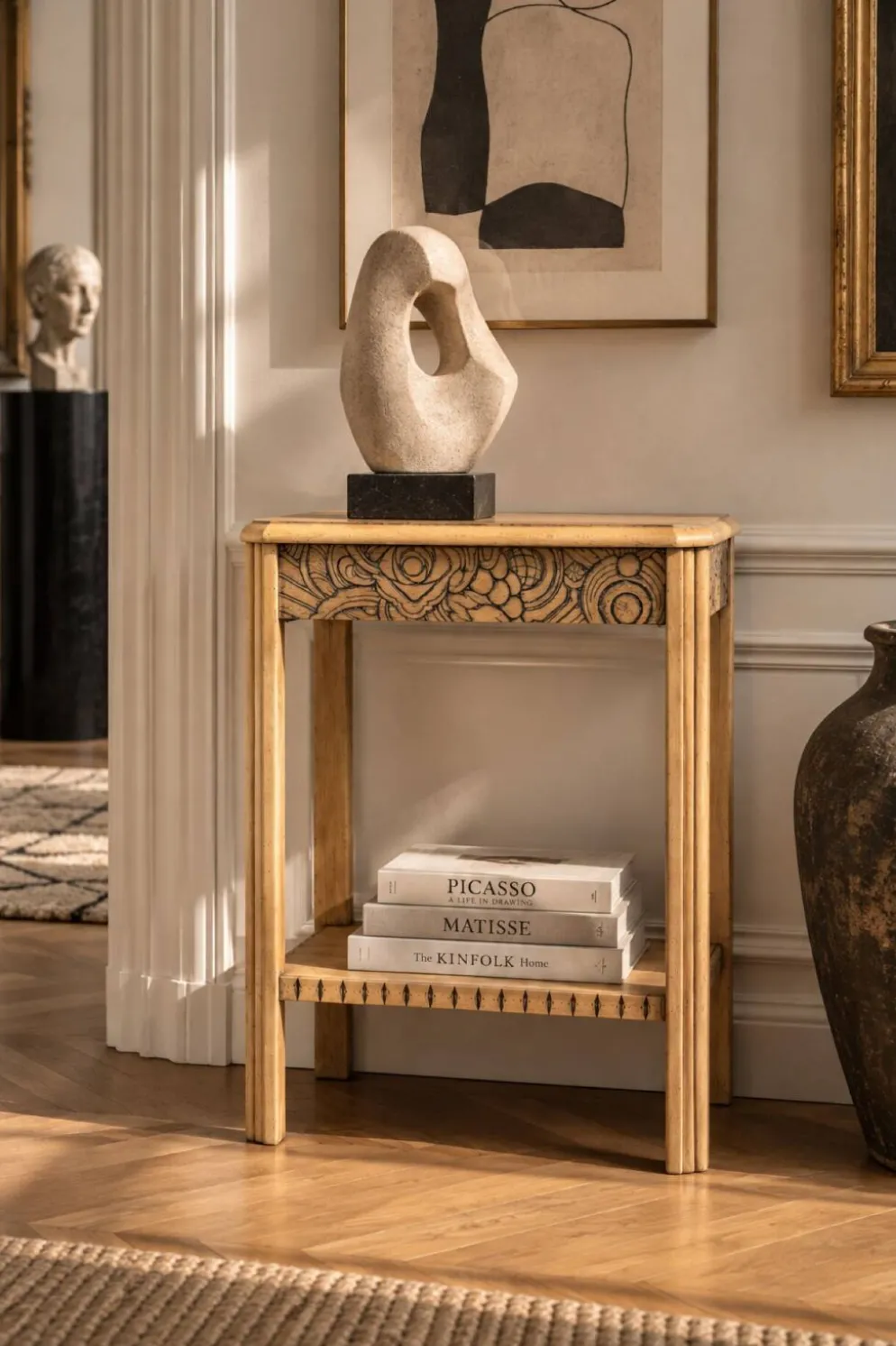 Console art déco bois brut à décor floral rénovée 1930