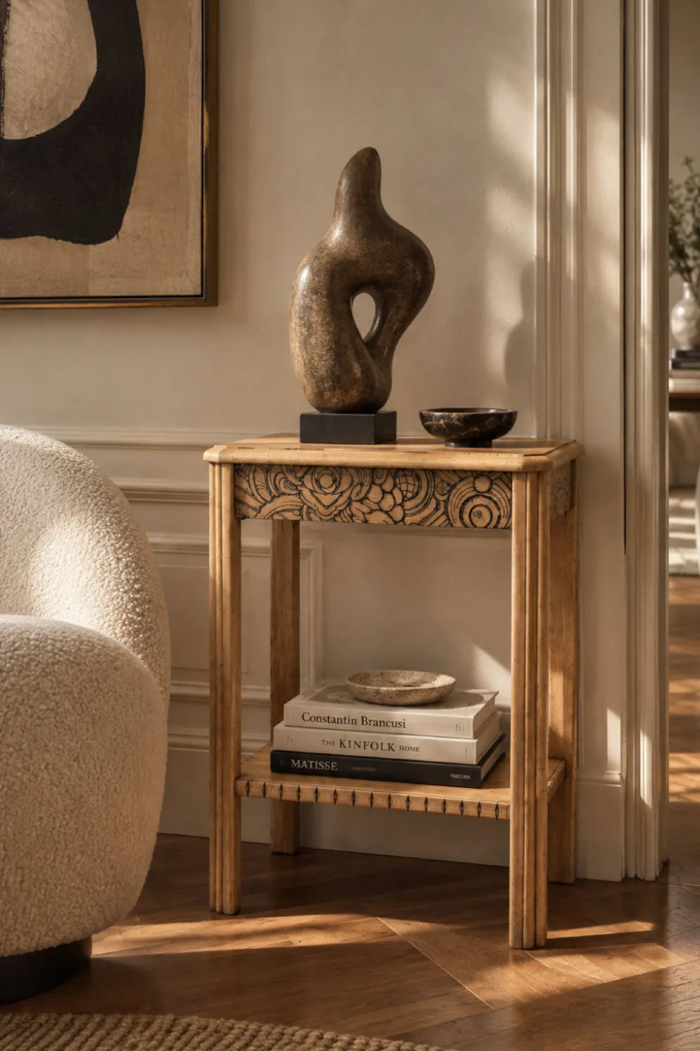 Console art déco bois brut à décor floral rénovée 1930