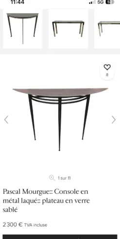 Console demie lune Pascal Mourgue plateau verre sablé pieds noirs