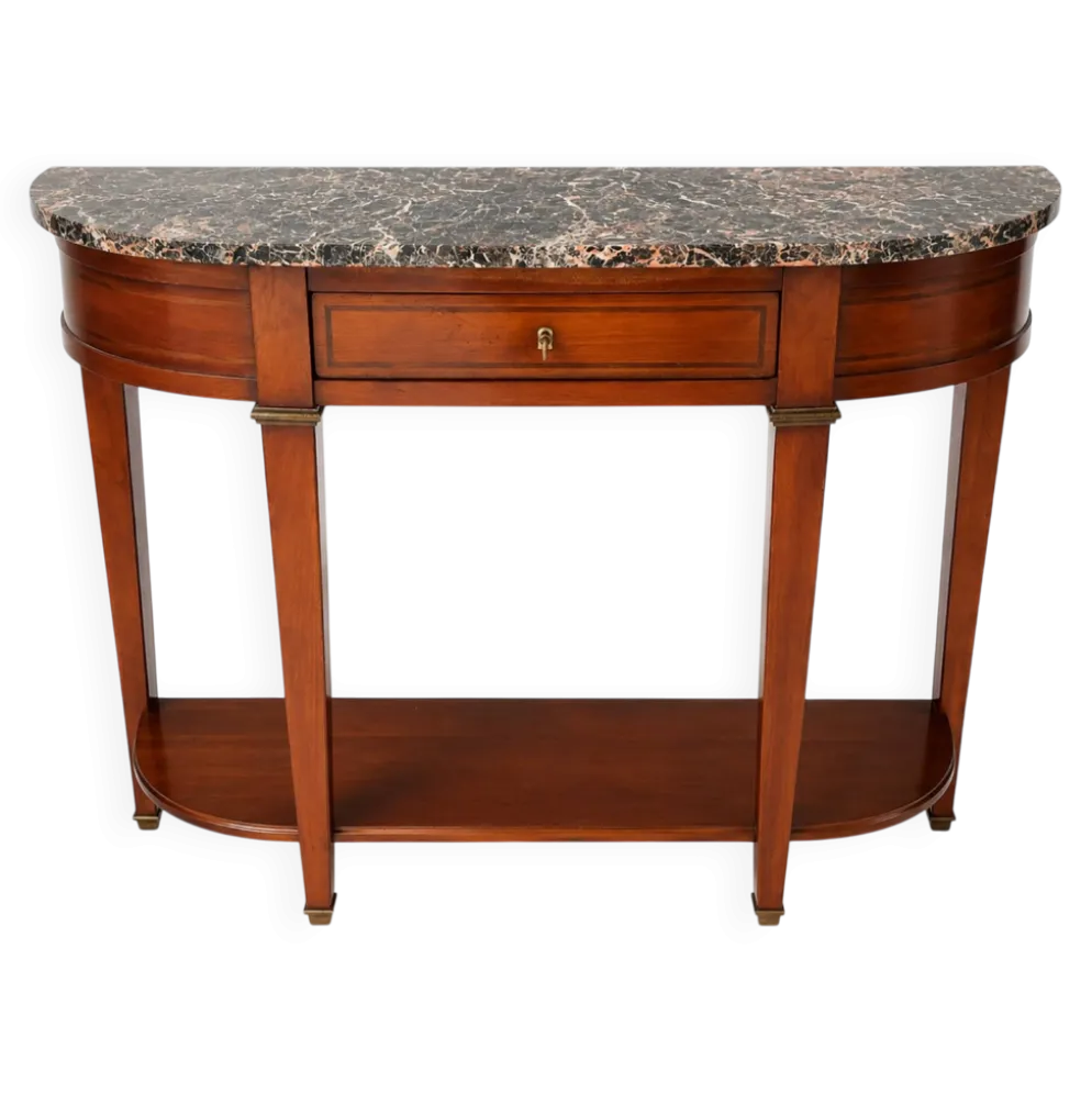 Console demi-lune style Directoire/Louis XVI en merisier et marbre