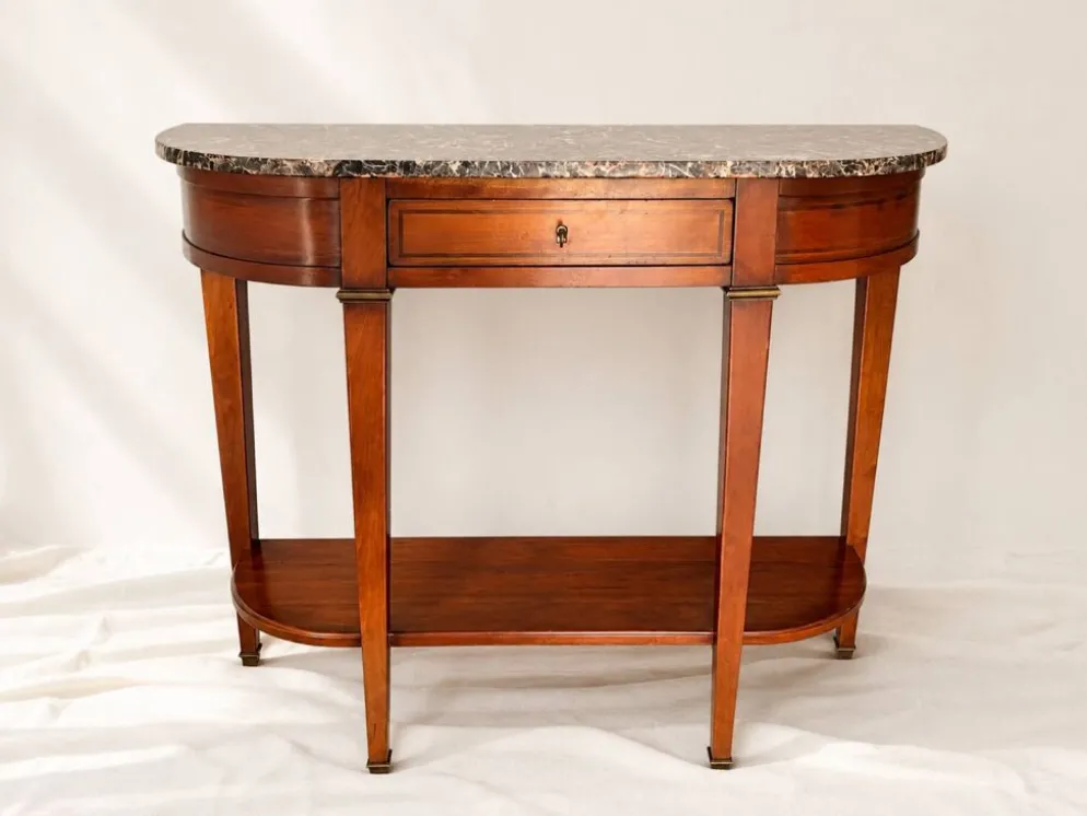 Console demi-lune style Directoire/Louis XVI en merisier et marbre