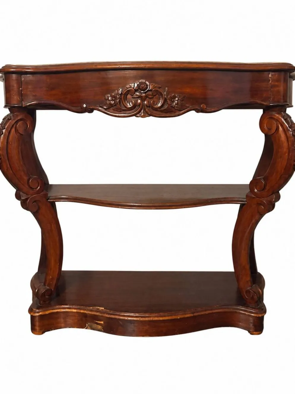 Console-desserte Napoléon III en acajou, décor sculpté de style rocaille