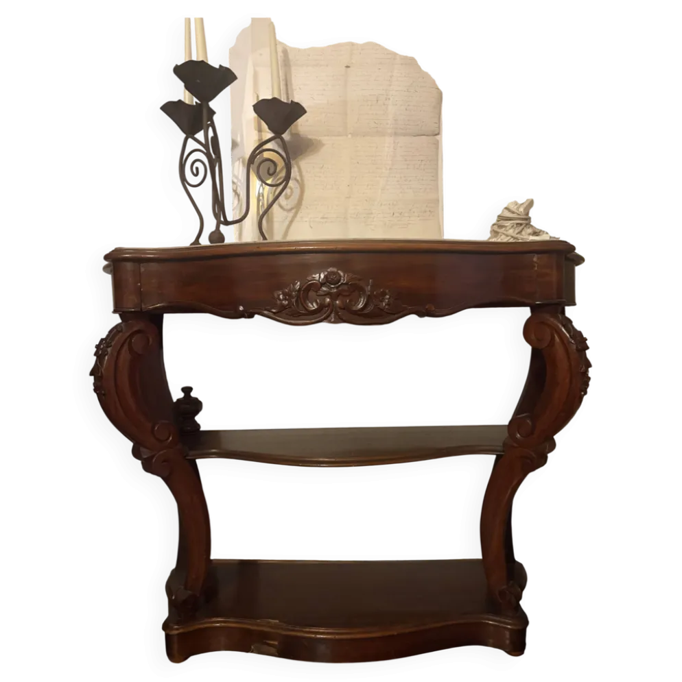 Console-desserte Napoléon III en acajou, décor sculpté de style rocaille