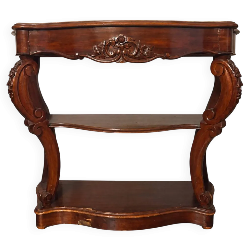 Console-desserte Napoléon III en acajou, décor sculpté de style rocaille