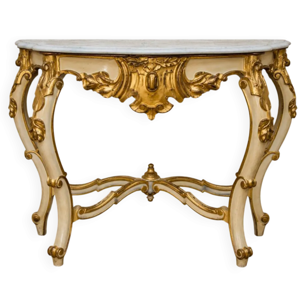 Console de style Louis XV – Bois laqué crème et doré – Dessus de marbre