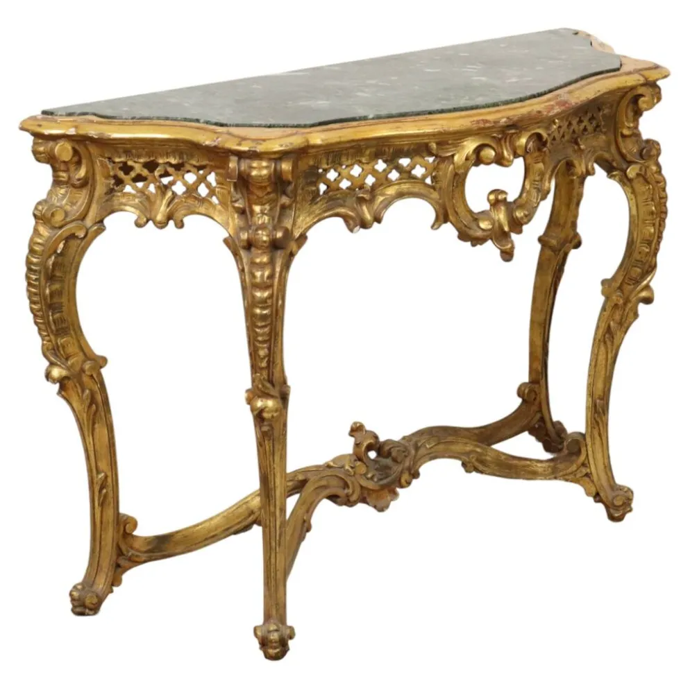 Console de style Louis XV en bois doré à la feuille d'or et marbre.