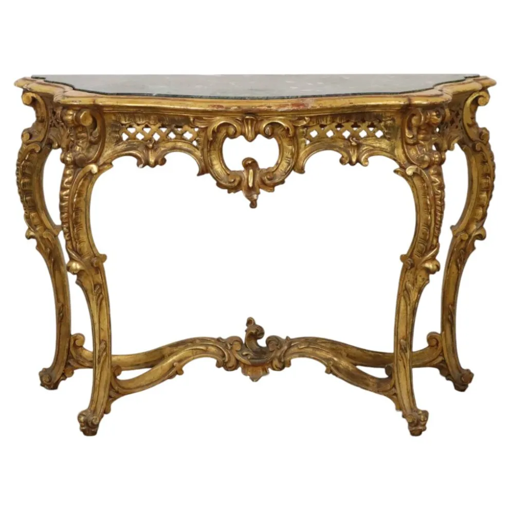 Console de style Louis XV en bois doré à la feuille d'or et marbre.