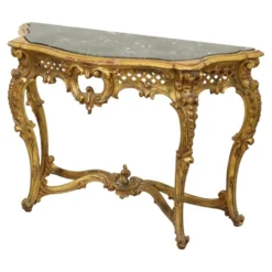 Console de style Louis XV en bois doré à la feuille d'or et marbre.