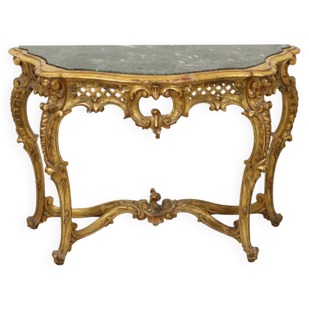 Console de style Louis XV en bois doré à la feuille d'or et marbre.