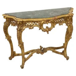 Console de style Louis XV en bois doré à la feuille d'or et marbre.