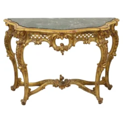 Console de style Louis XV en bois doré à la feuille d'or et marbre.