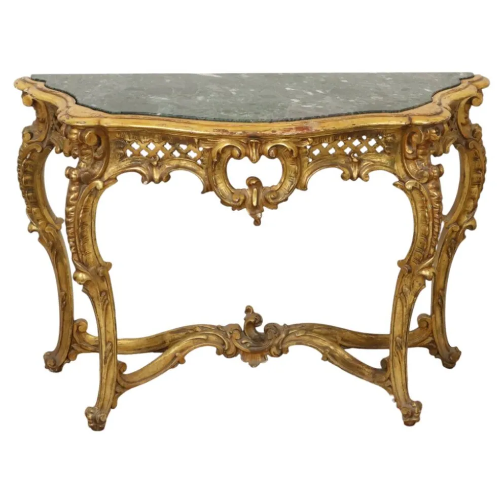 Console de style Louis XV en bois doré à la feuille d'or et marbre.