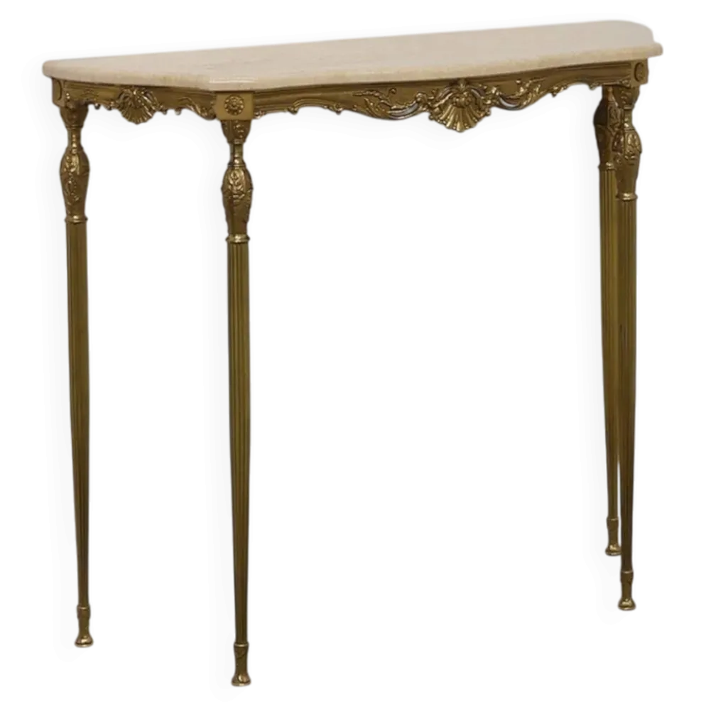 Console de style Louis XVI avec piètement en cuivre et plateau en travertin, Italie
