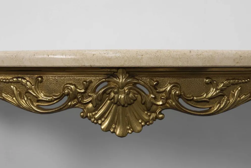Console de style Louis XVI avec piètement en cuivre et plateau en travertin, Italie