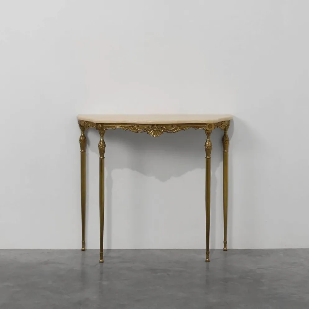 Console de style Louis XVI avec piètement en cuivre et plateau en travertin, Italie