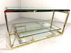 Console à deux niveaux en laiton et verre biseauté, années 1970